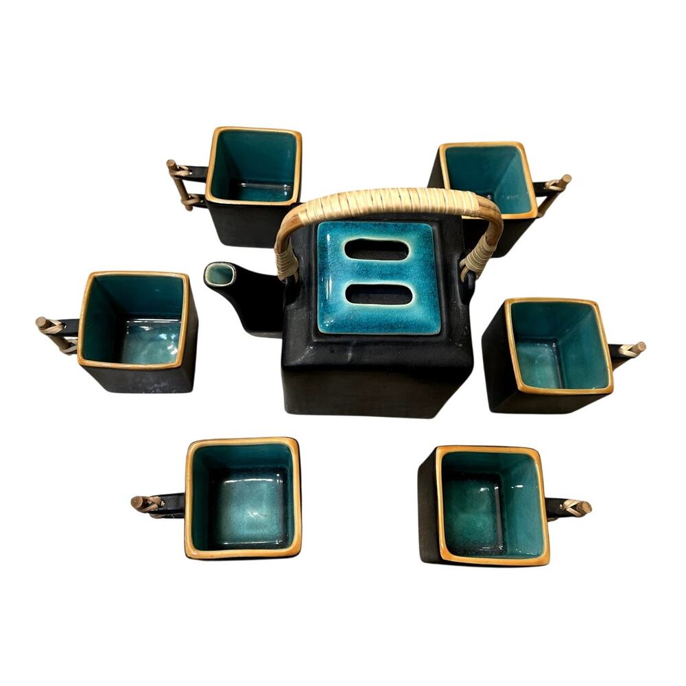 Japanese Tea Pot Ceramic Square Shape and 6 Cups Black Teal Modern